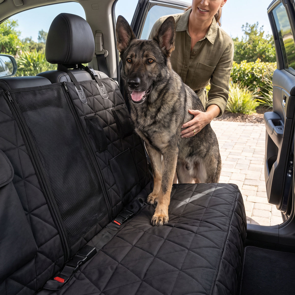 Dog stepping into a car over the fold-down side flap of the seat cover