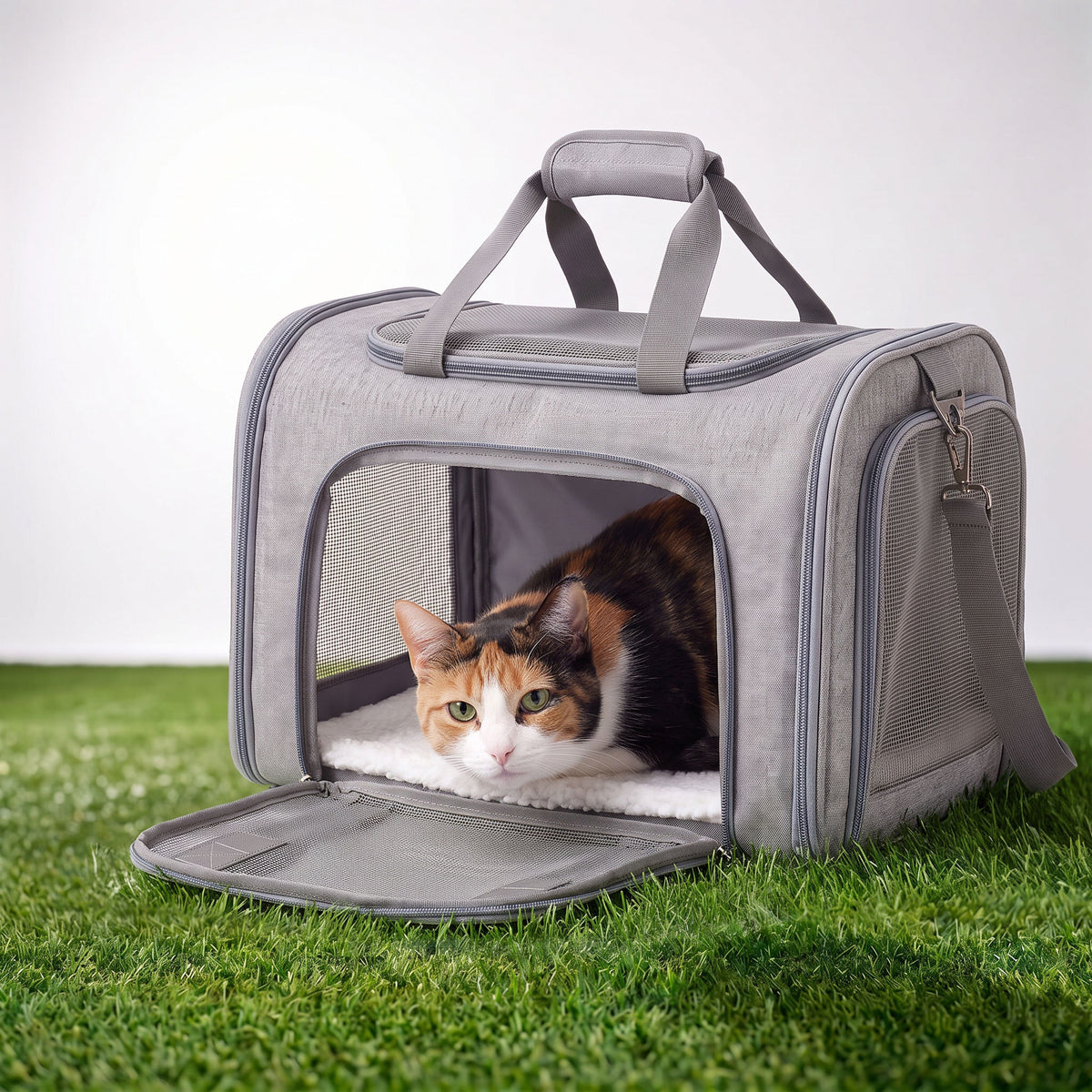 Pet carrier with green grass in the background