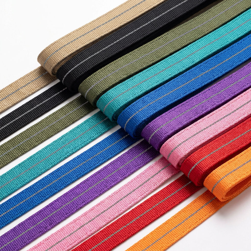 All nine leash webbing colours shown side by side: tan, black, army green, teal, blue, purple, pink, red and orange