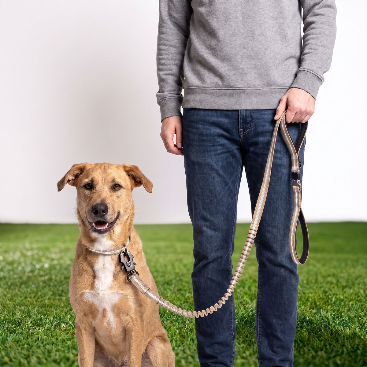 Dog lunging with the bungee section stretched taut, white set with natural grass