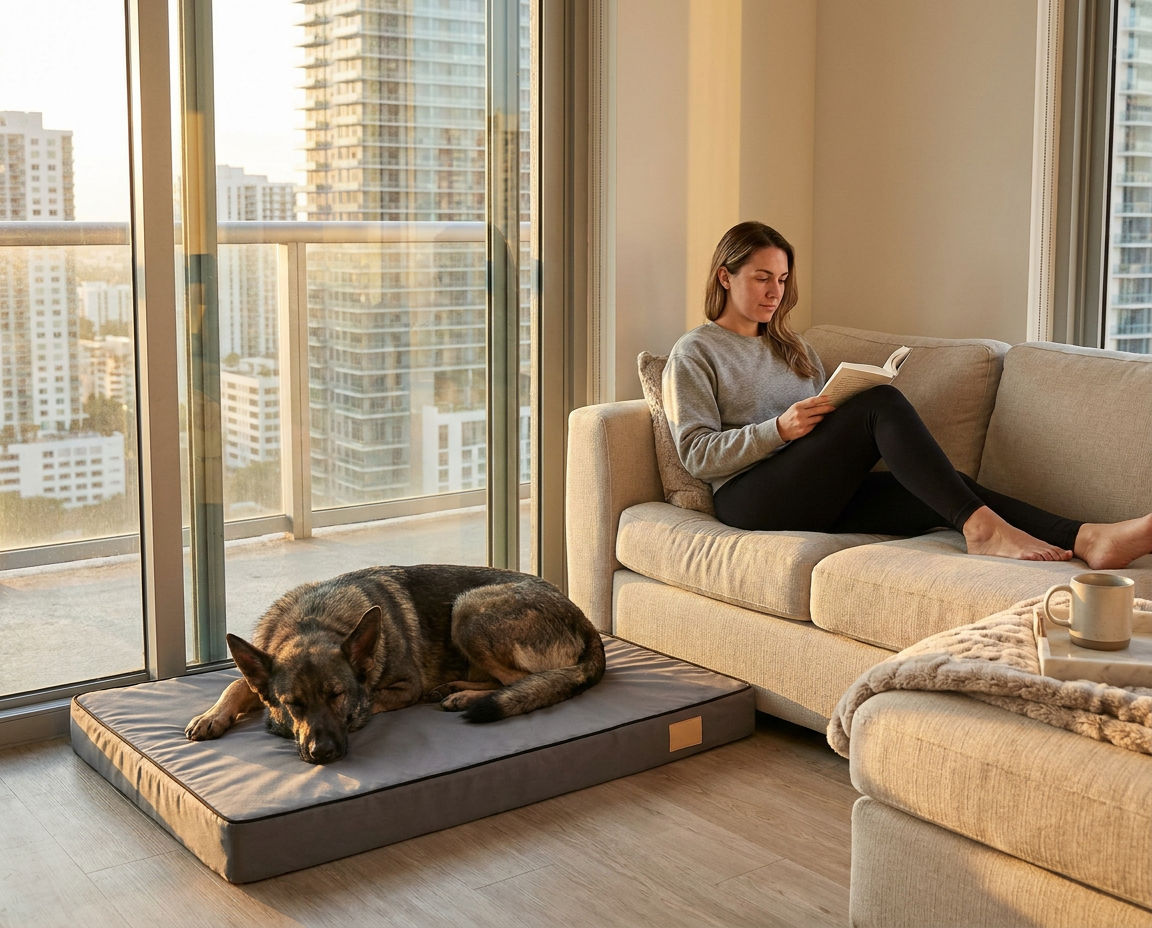 The grey foam dog mattress tucked beside a sofa in a Brickell apartment, blending into the room