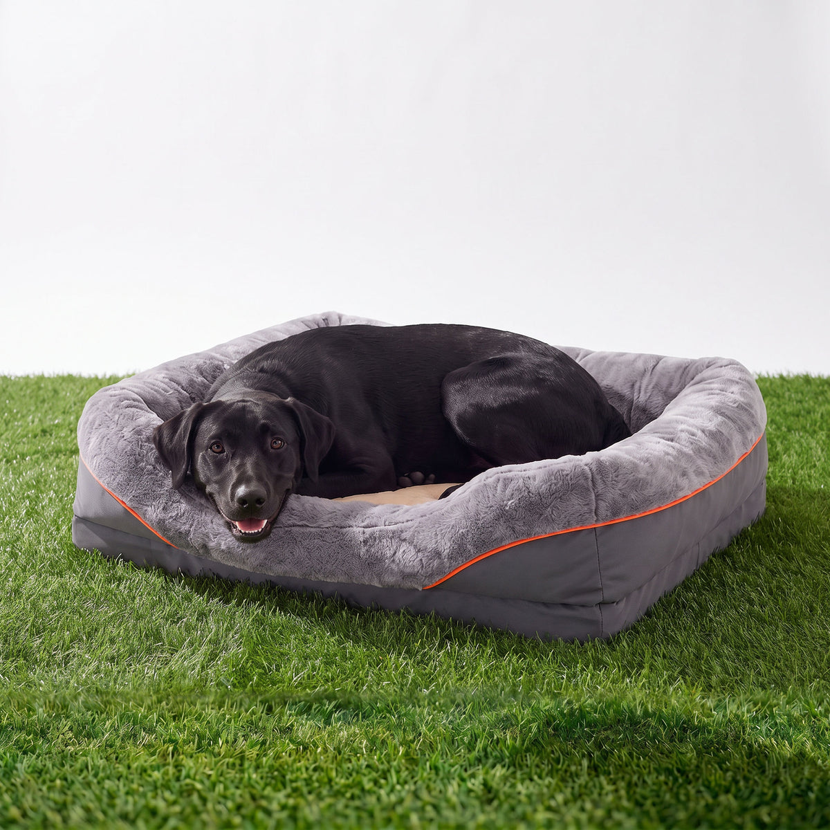 Dog sofa bed with bolster rim outdoors on a white set with green grass behind