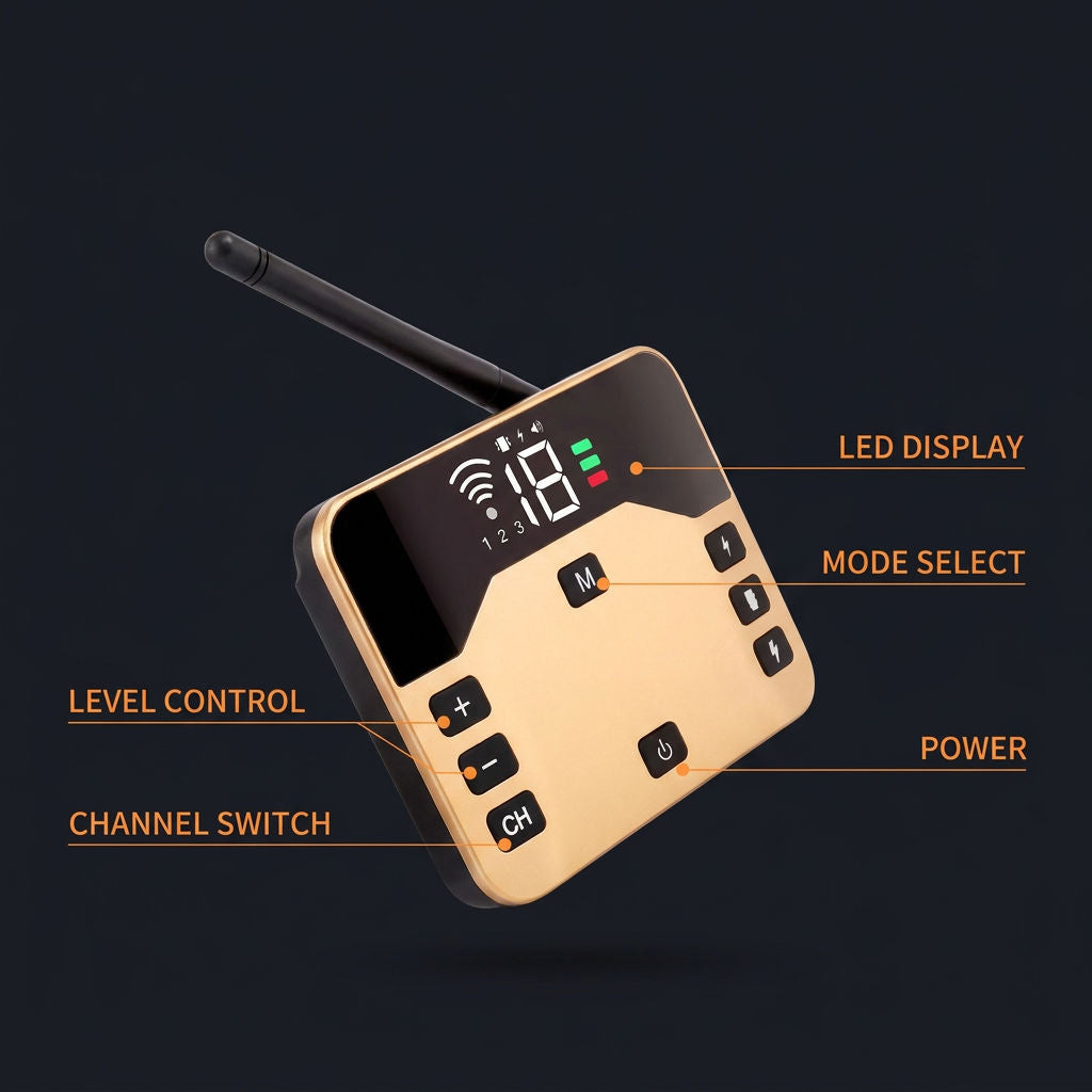 Labelled diagram of the handheld transmitter controls
