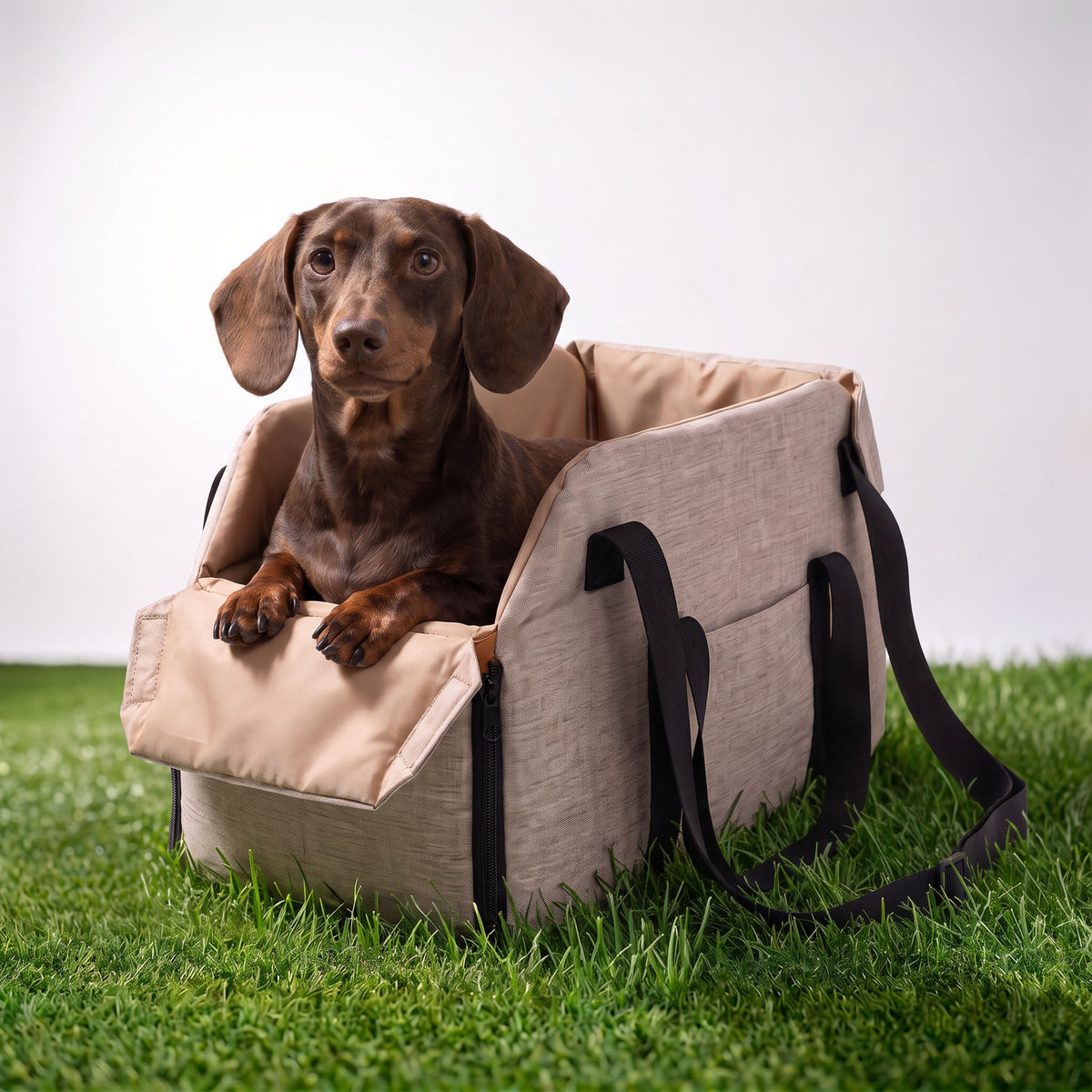 Console Dog Car Seat with small dog, lifestyle on grass