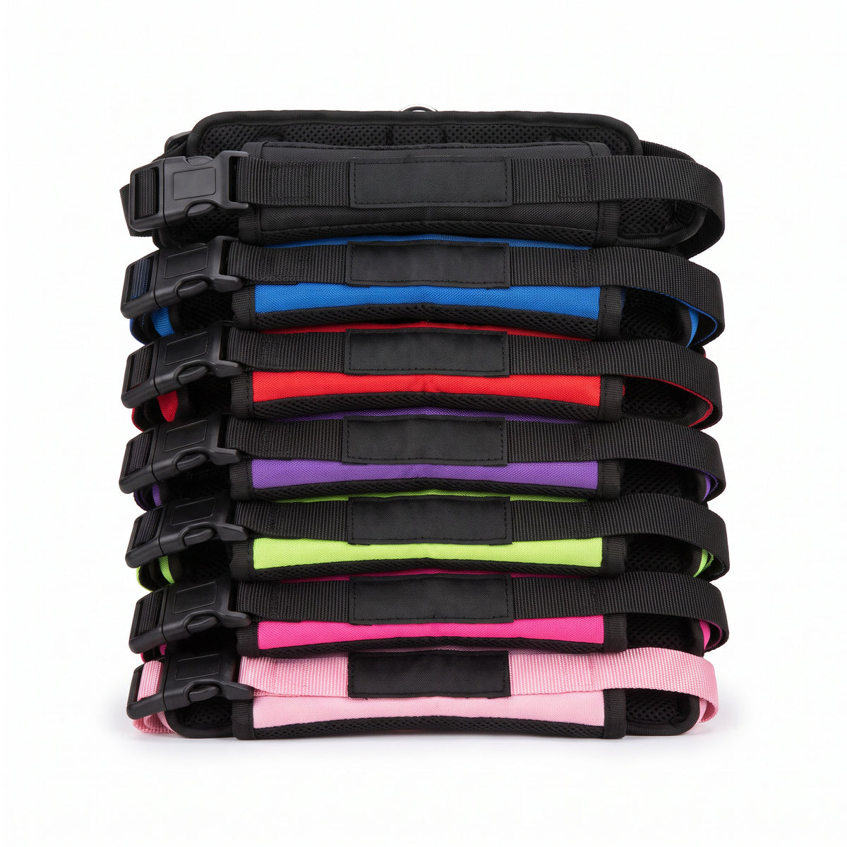 All seven harness colourways shown together: black, blue, red, purple, lime green, hot pink and light pink
