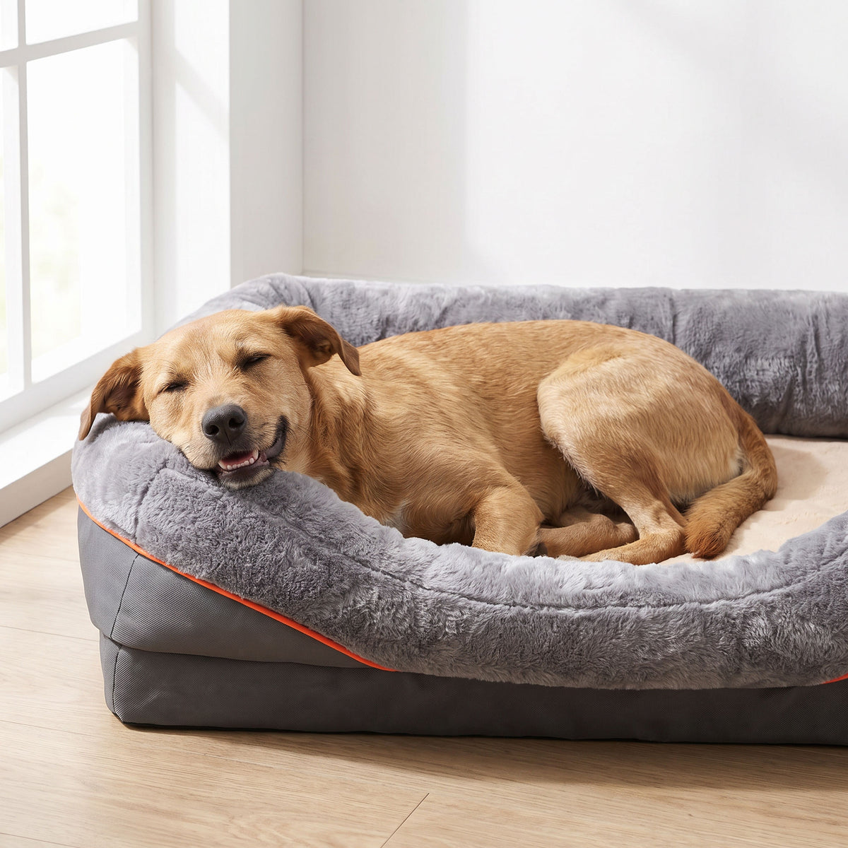 Dog curled in the sofa bed with its head on the bolster rim, white set