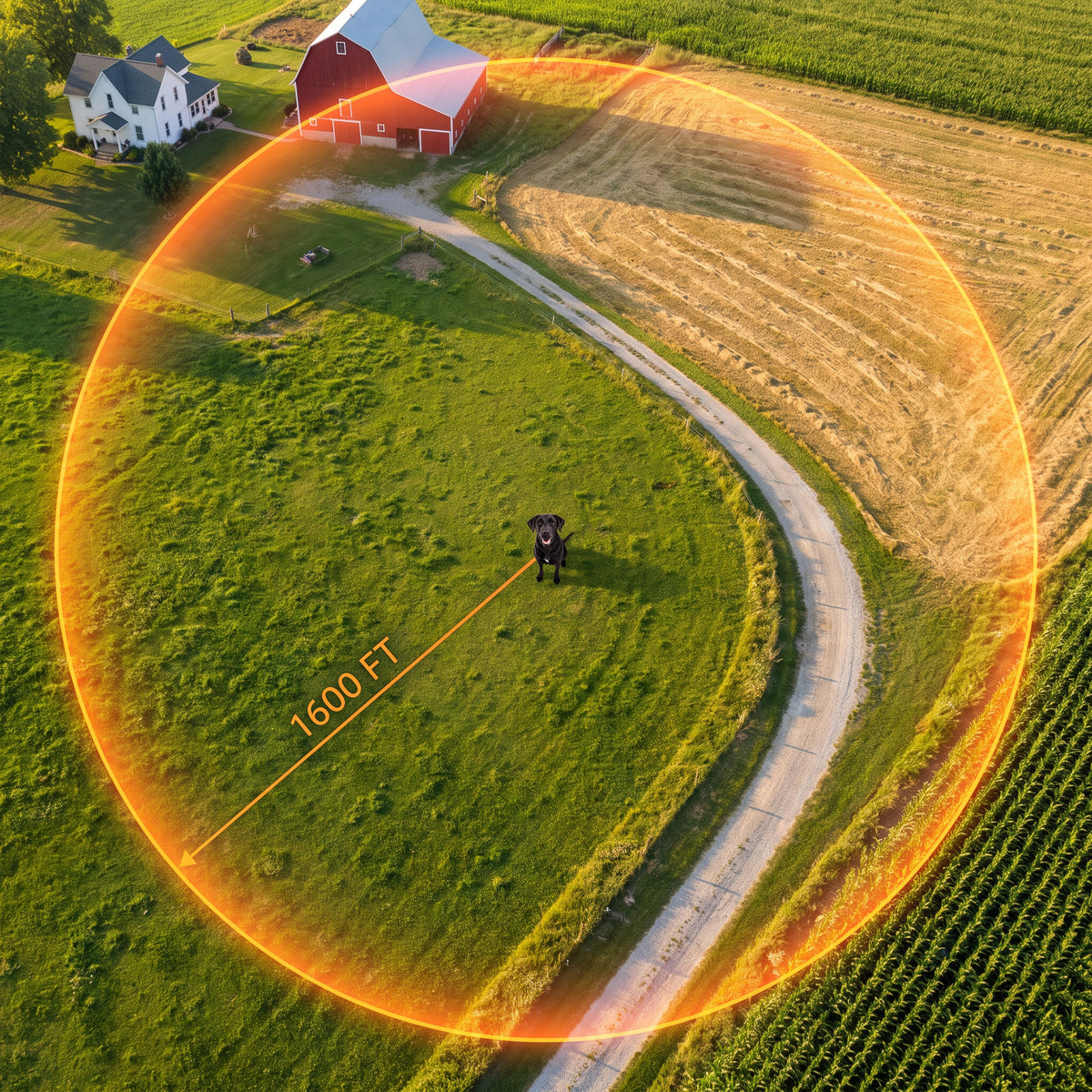 Aerial view of a farm with a 1600 ft boundary ring drawn around a dog standing in the pasture