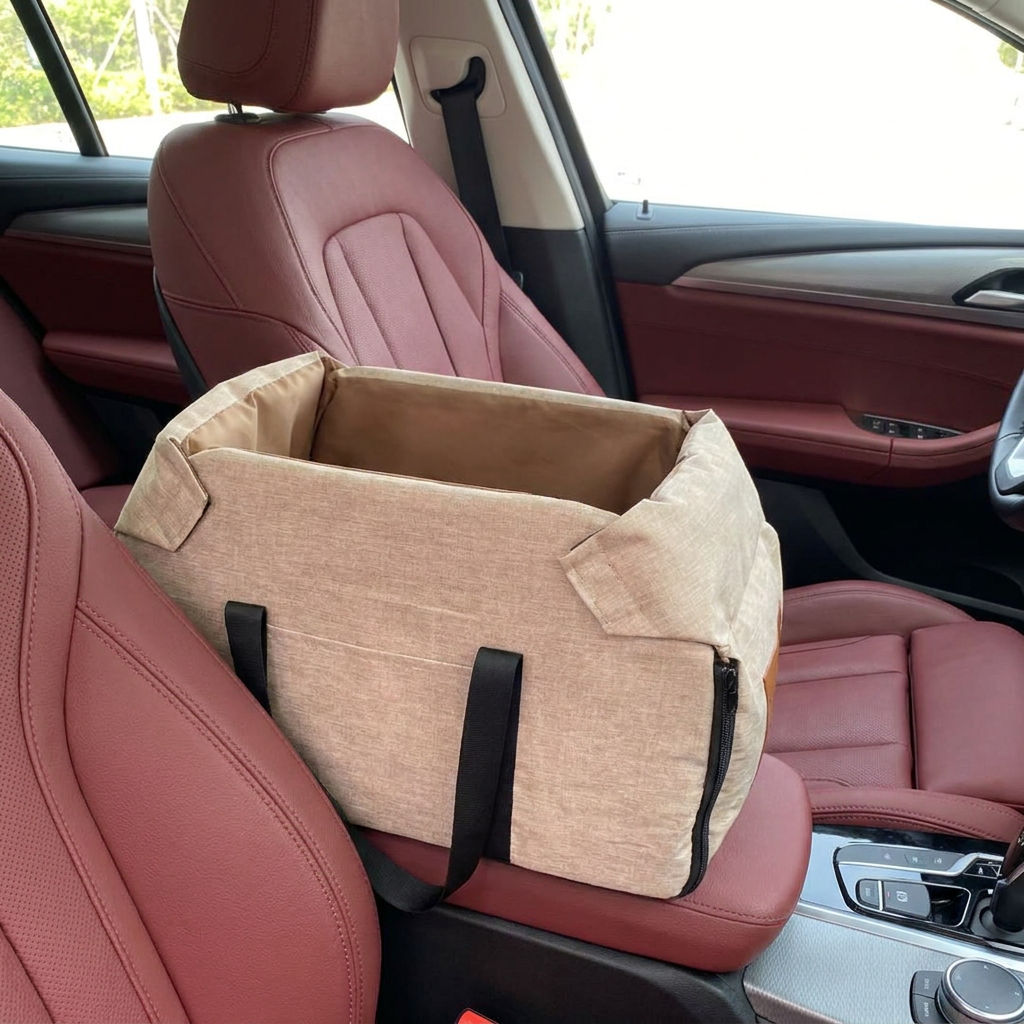Close-up of the strap wrapping under the console armrest to secure the car seat in place