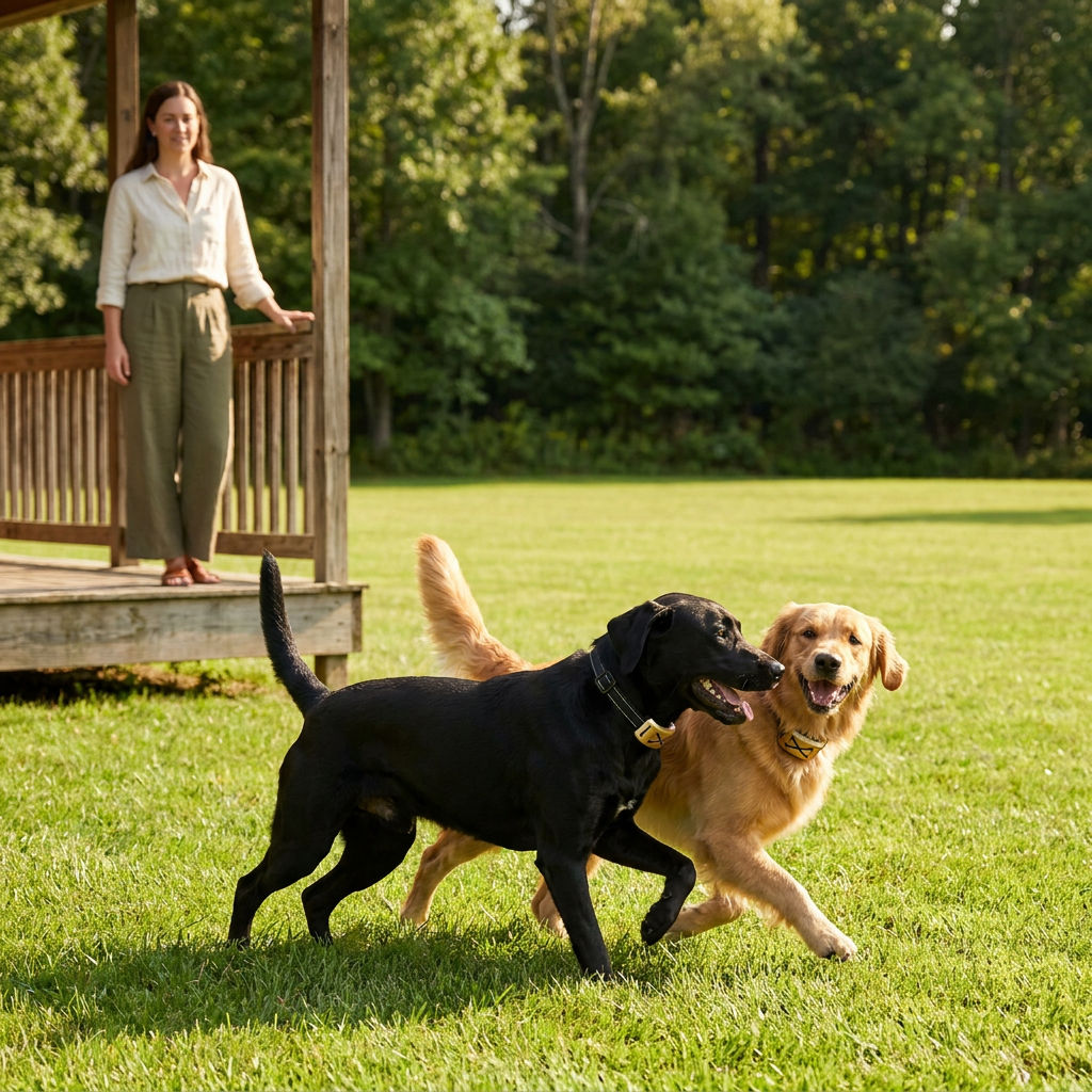 Two dogs in receiver collars playing on an open unfenced lawn while their owner watches from the porch
