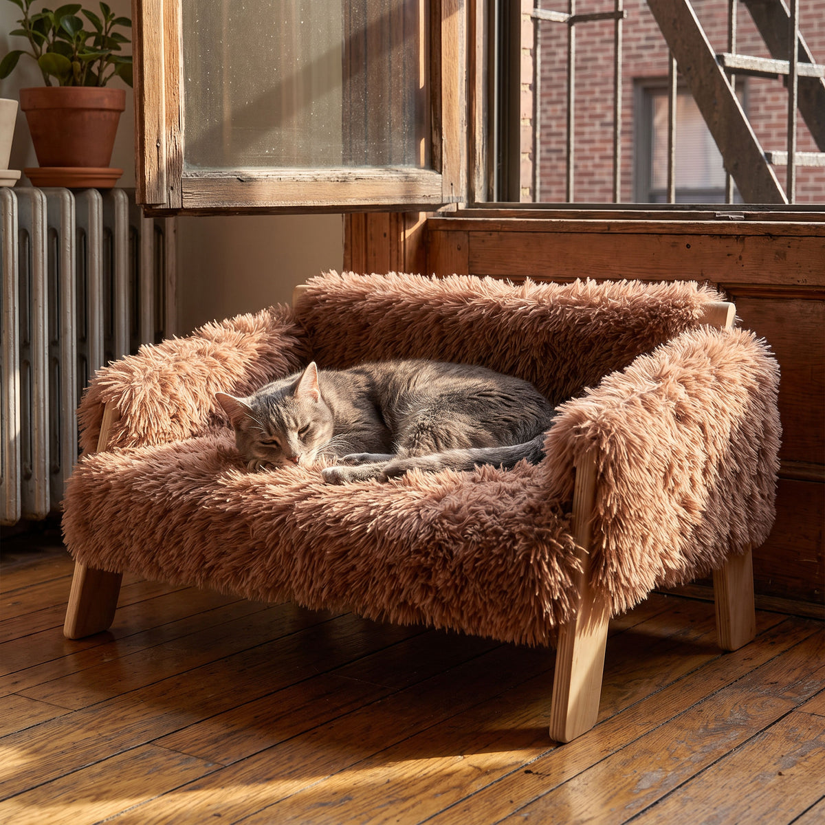 Senior gray tabby napping on the raised cat sofa in a pre-war New York living room