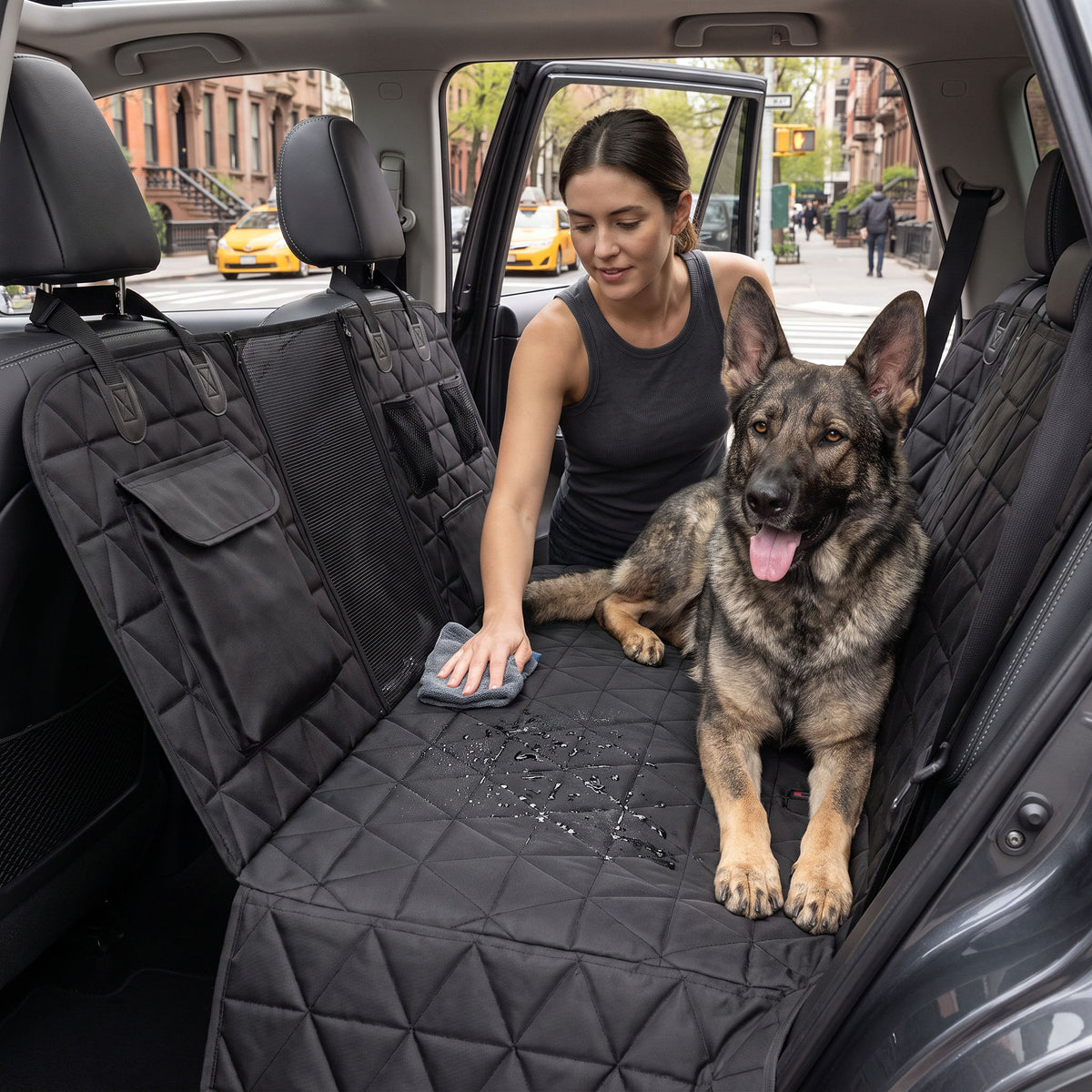 Wiping down the quilted dog car seat cover, water beading on the surface