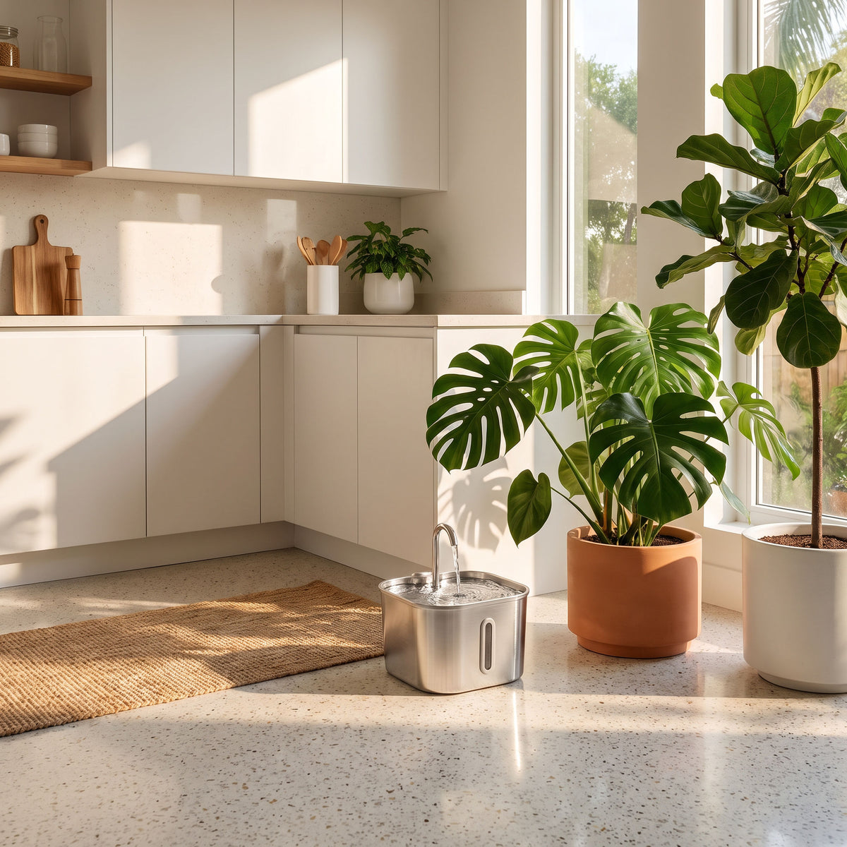 Stainless steel water fountain on the floor of a bright plant-filled modern kitchen
