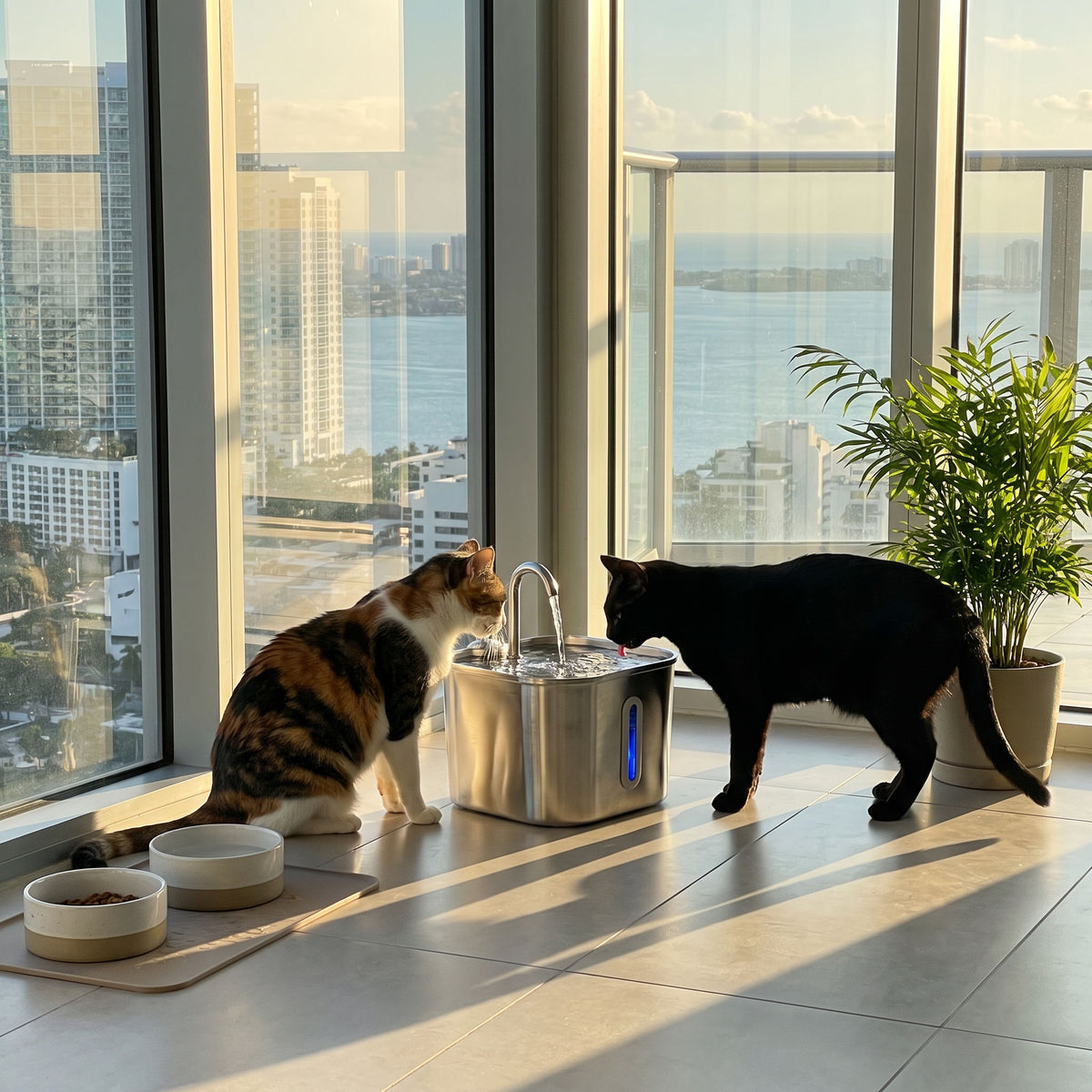 A calico cat and a black cat drinking from the same water fountain in a Brickell apartment feeding corner