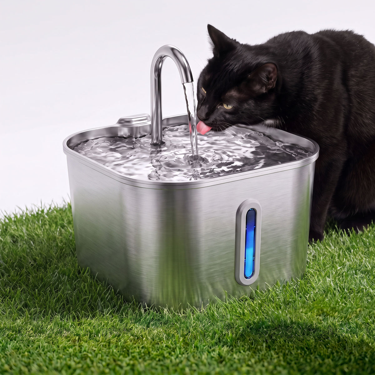 Black cat drinking from the stainless steel water fountain on a white set with natural grass on the ground