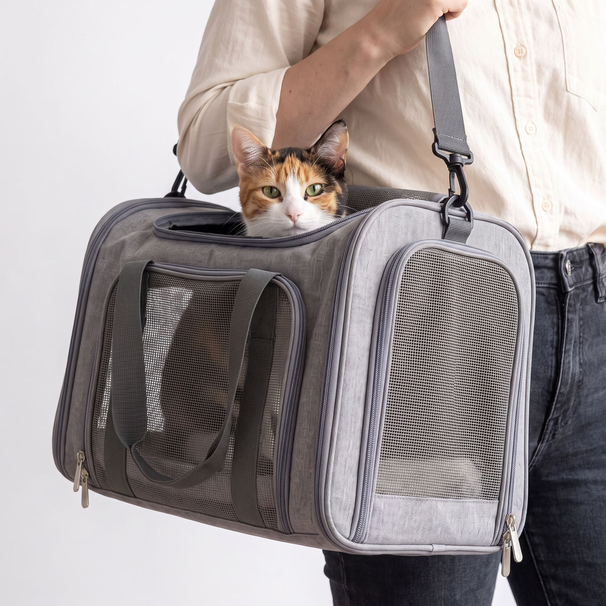Soft sided pet carrier shown in use