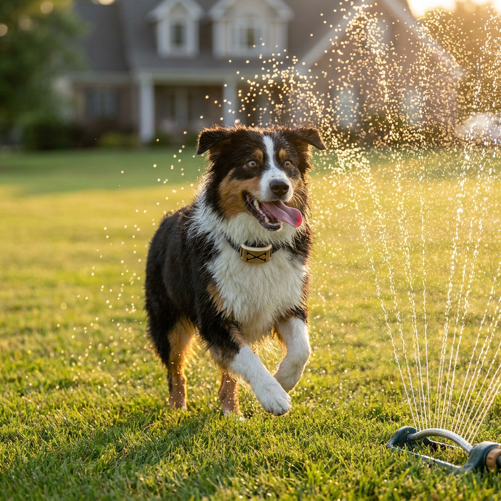 Australian Shepherd in the receiver collar bounding through a garden sprinkler