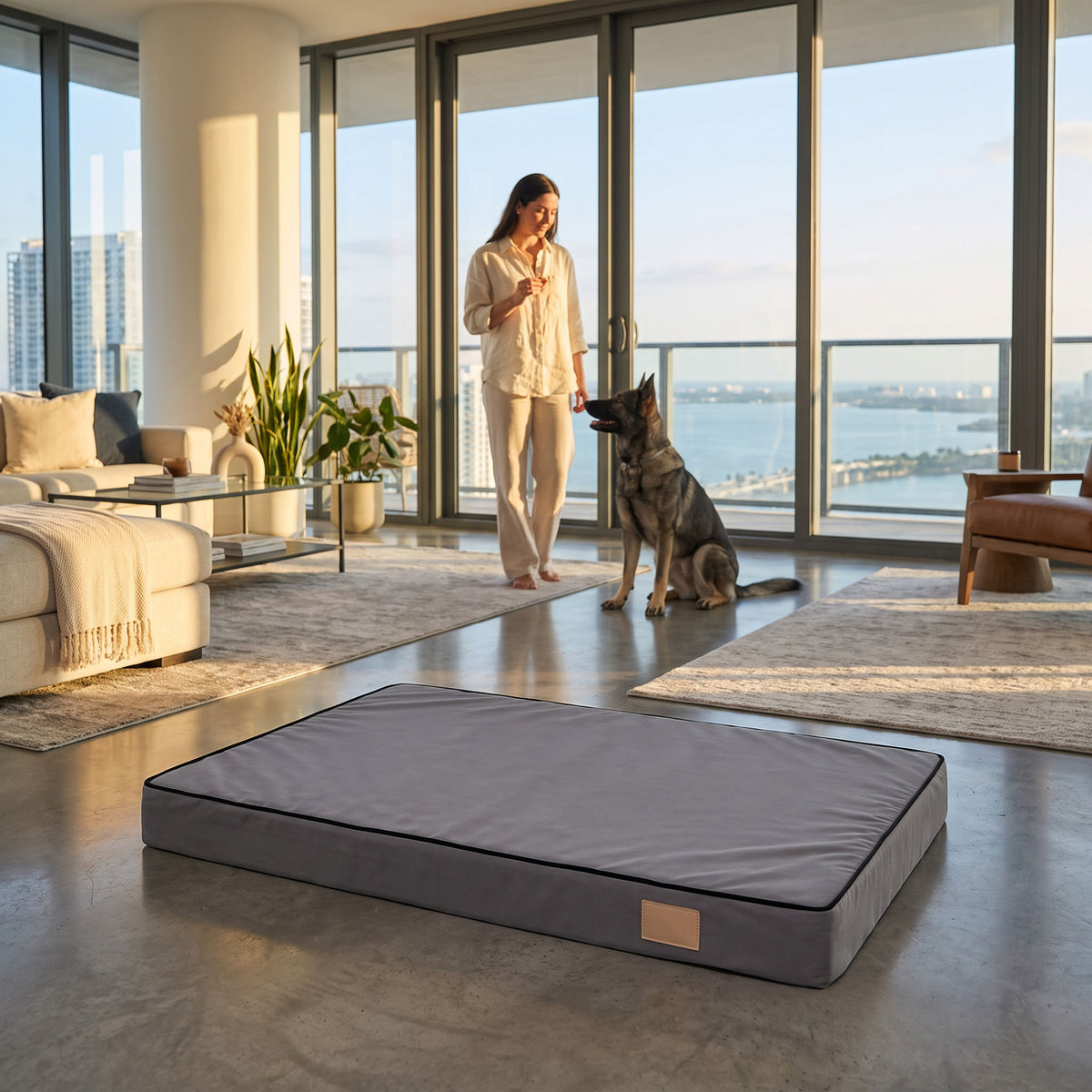 The flat foam dog mattress staged empty in a Brickell living room with a woman offering a treat to her attentive German Shepherd blurred in the background