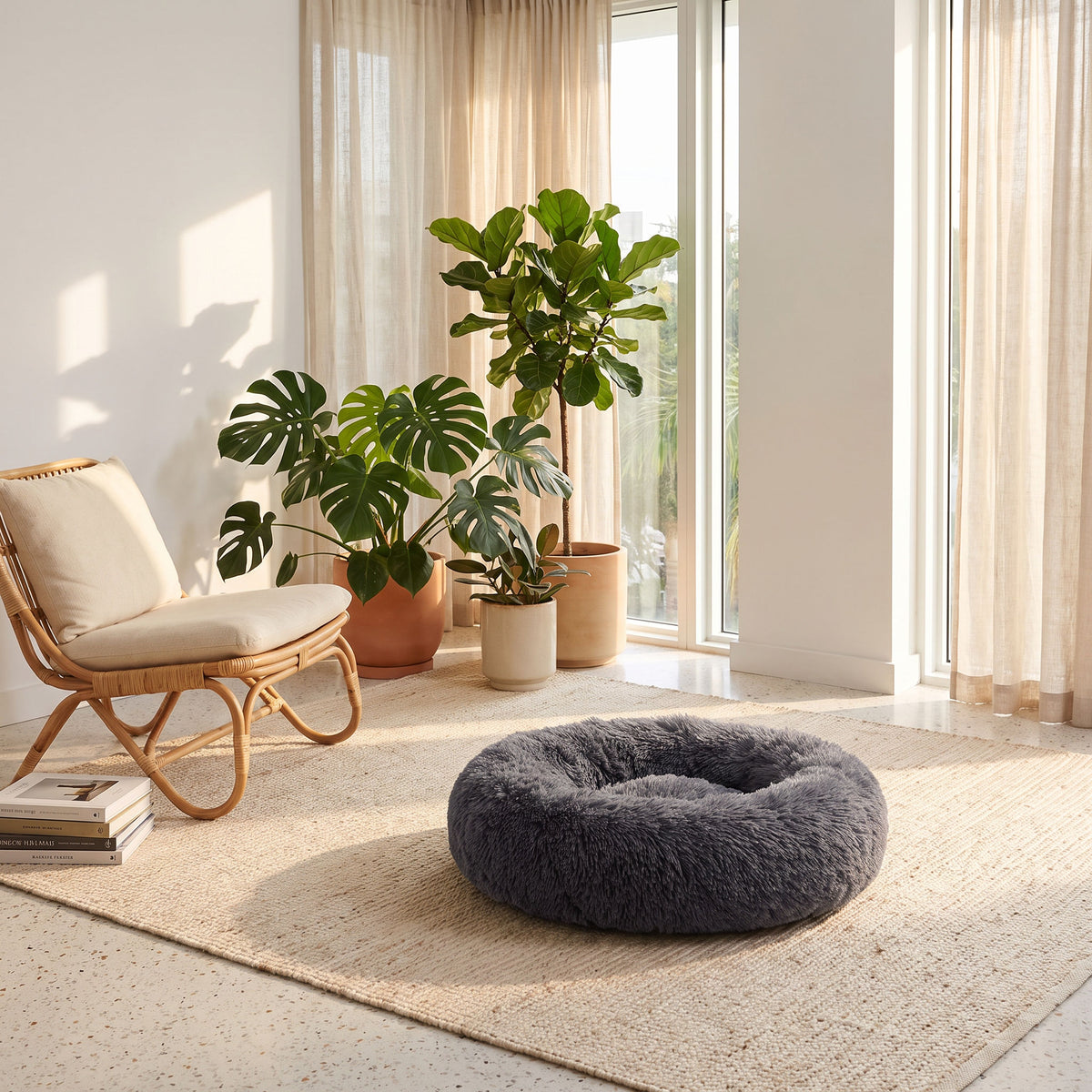 Round plush cat bed in a sunlit interior with the cat settled inside