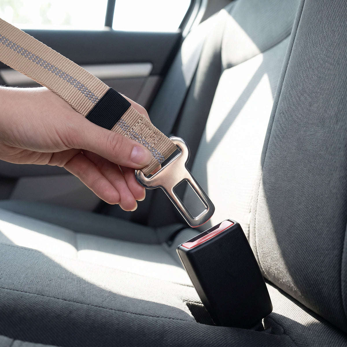 Hand about to click the leash seatbelt tongue into a car seatbelt receiver