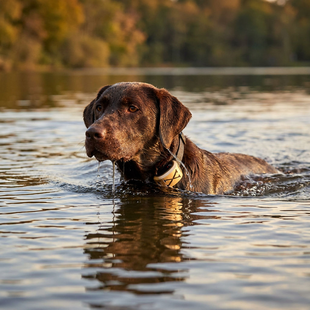 Chocolate Labrador swimming across a lake with water beading off the waterproof receiver collar