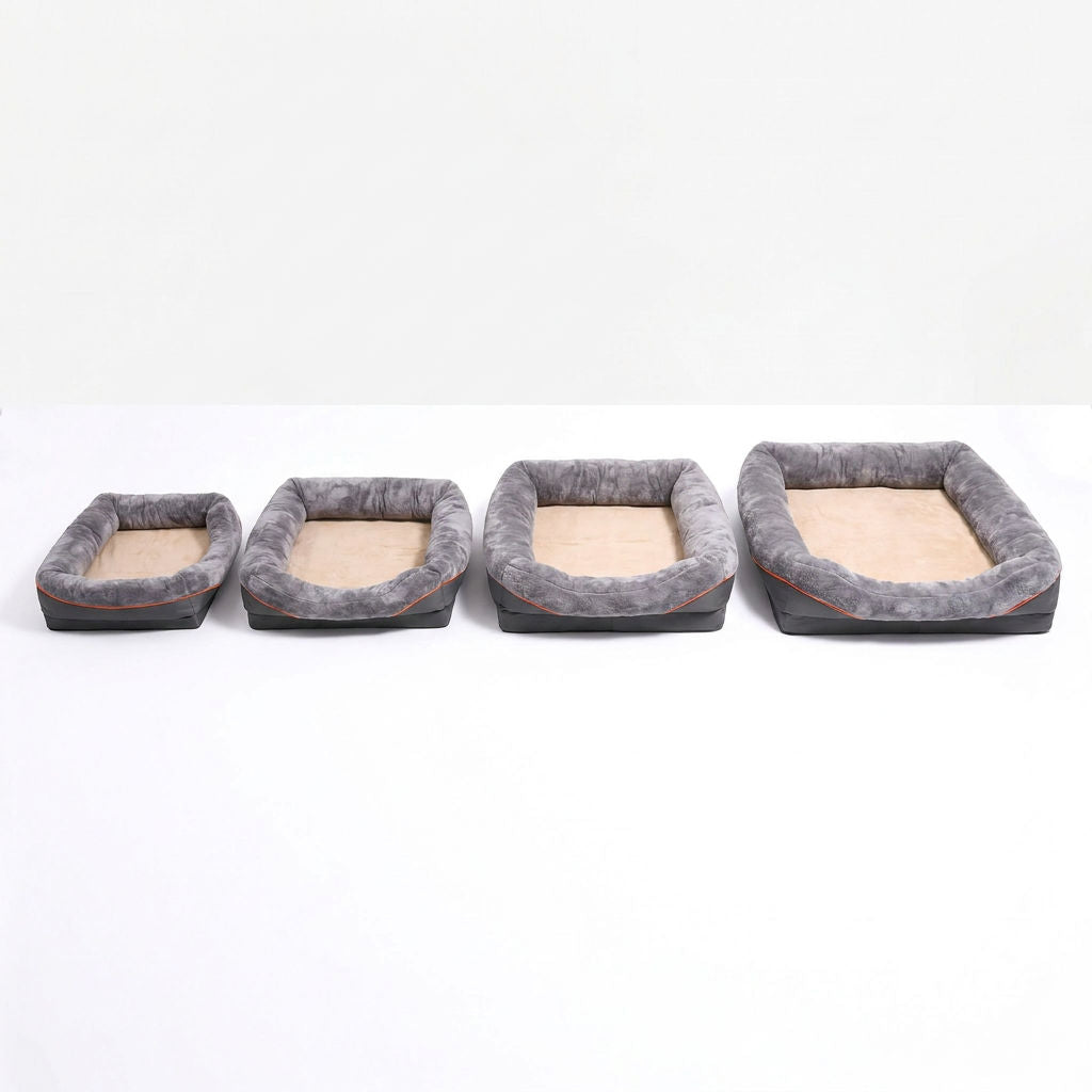 All four dog sofa bed sizes shown side by side at true relative scale: Large, XL, 2XL and 3XL