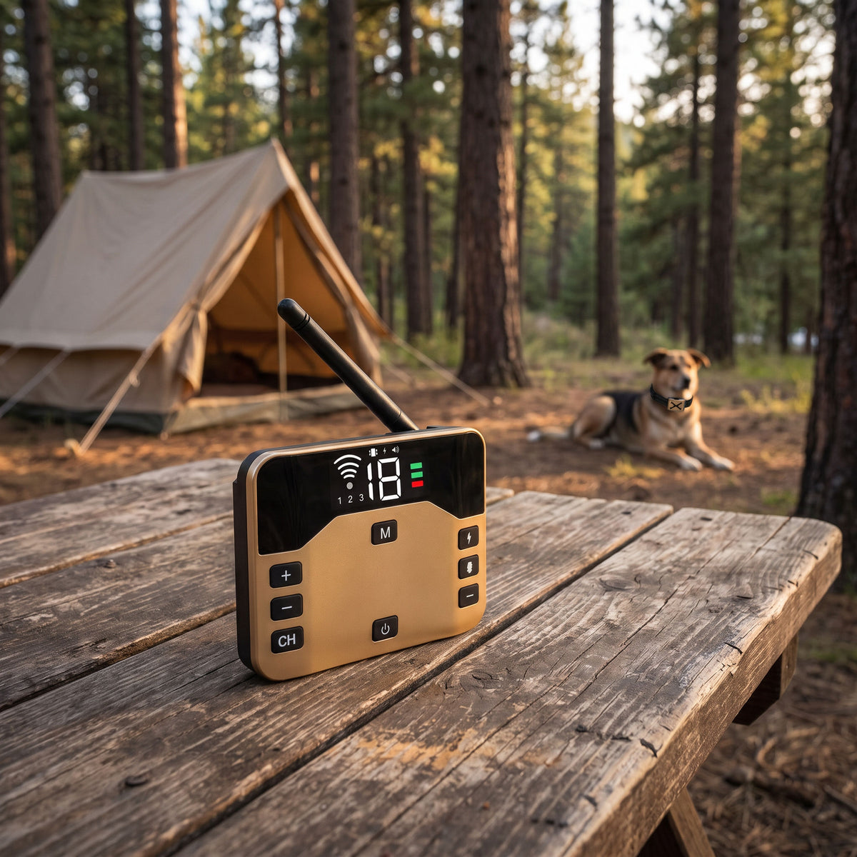 Transmitter unit set up on a picnic table at a woodland campsite with a dog resting in the clearing behind