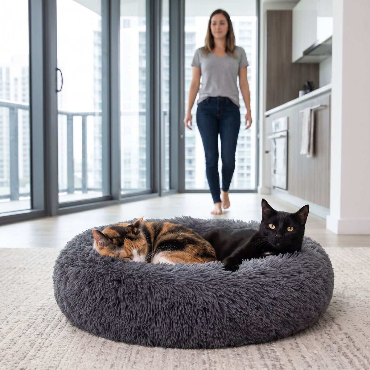 Round plush cat bed styled in a modern Miami apartment