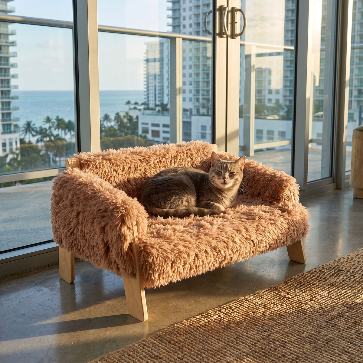 Senior gray tabby settled on the raised cat sofa in a pre-war New York living room corner