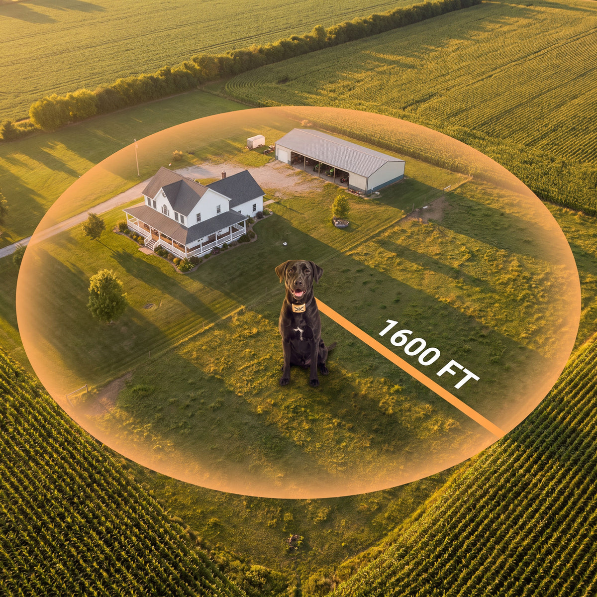 Golden hour aerial of a farm with the 1600 ft wireless boundary ring enclosing house and pasture