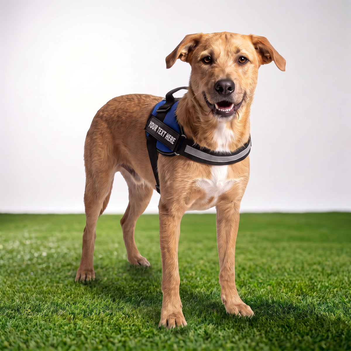 Dog in the personalized reflective harness outdoors on a white set with natural grass
