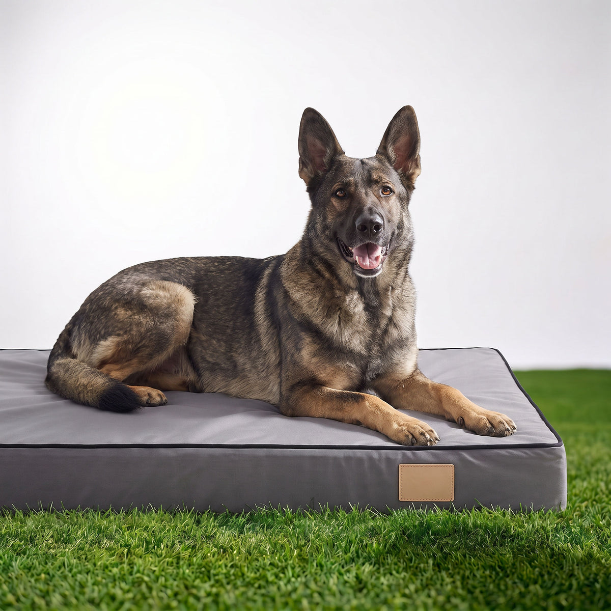 German Shepherd lying on the flat foam dog mattress with green grass in the background