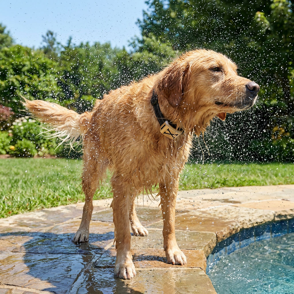 Golden Retriever shaking off water at the pool edge, receiver collar shedding droplets