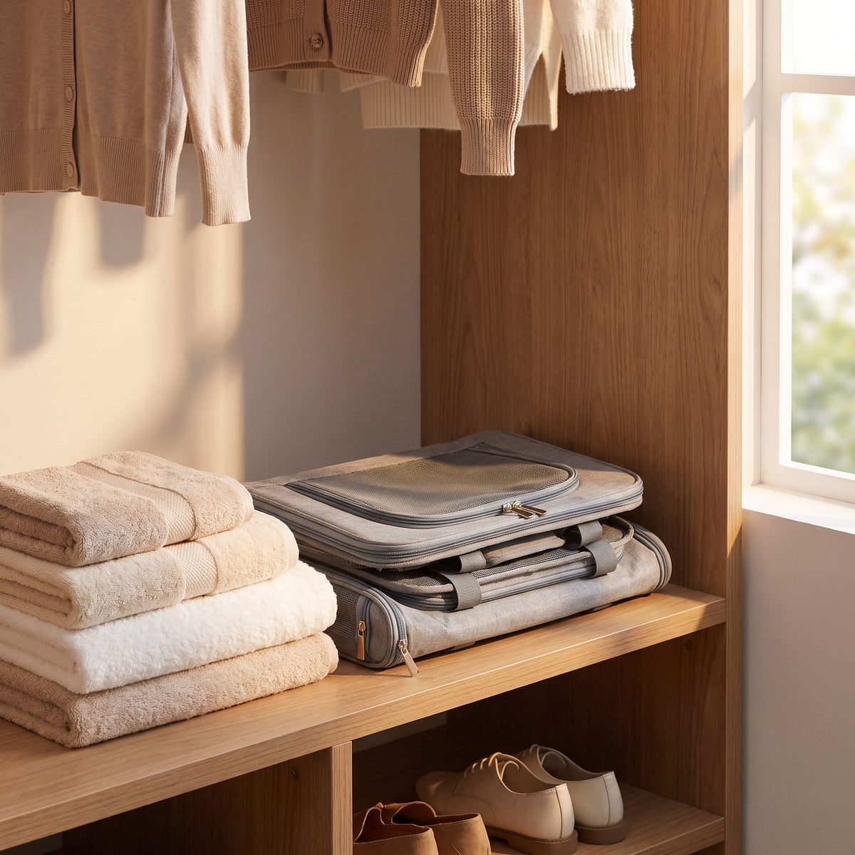 The carrier folded completely flat on a closet shelf beside a stack of towels
