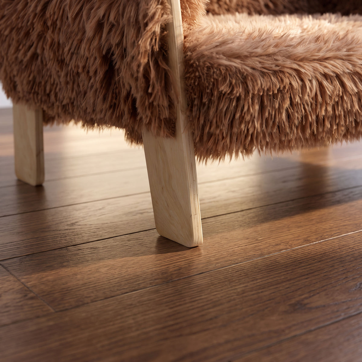 Macro of a wooden leg base resting flat on hardwood with no scuff beneath it