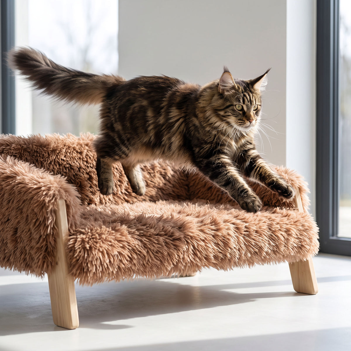 Maine Coon cat caught mid-jump landing into the raised wooden sofa bed, frame steady underneath
