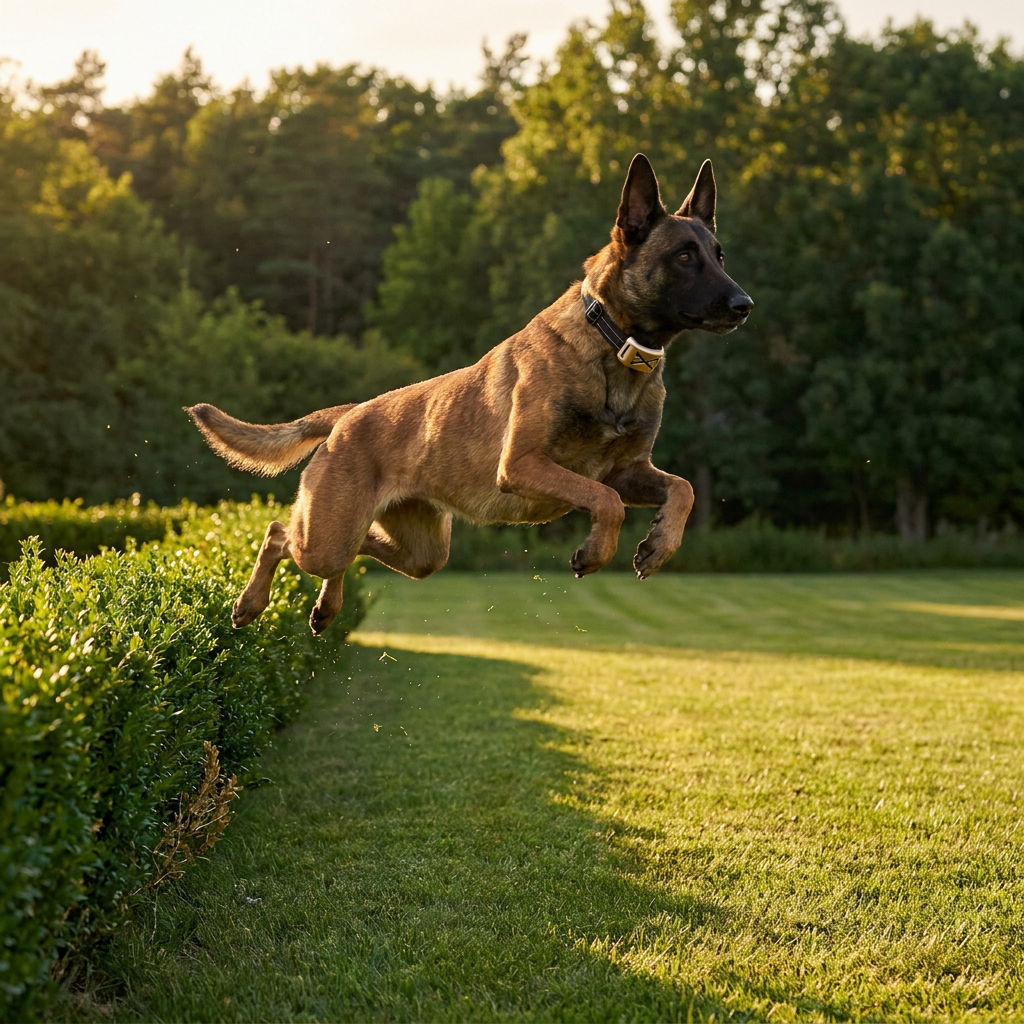 Belgian Malinois in the receiver collar leaping over a hedge at golden hour