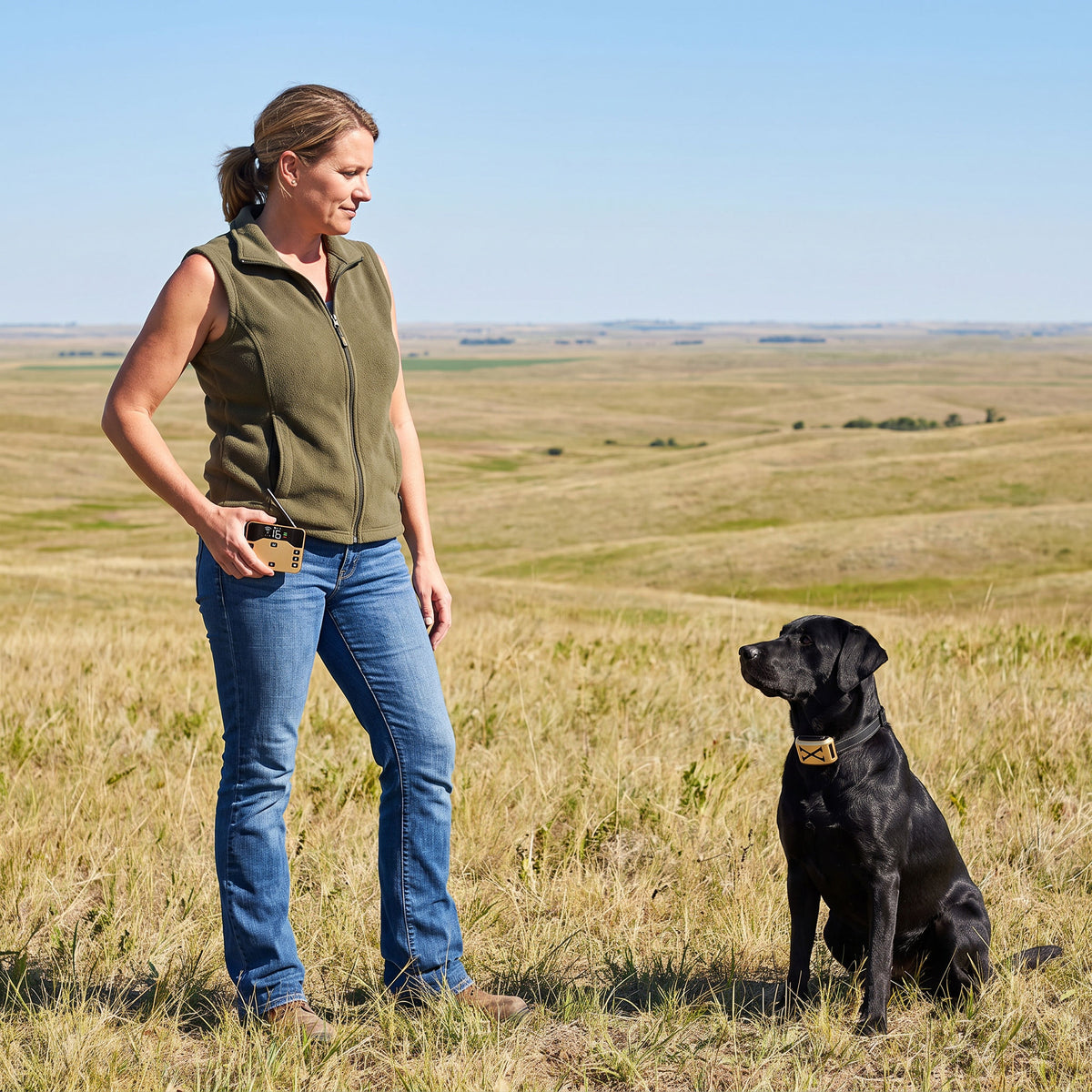 Woman holding the handheld remote while her Labrador sits attentively on open ranch land
