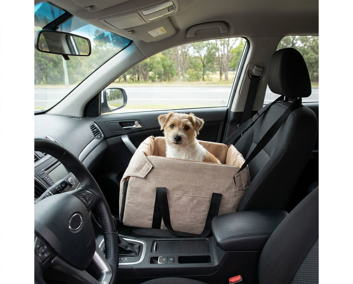 Small dog sitting in the console dog car seat on the front passenger seat, seen from the driver's seat