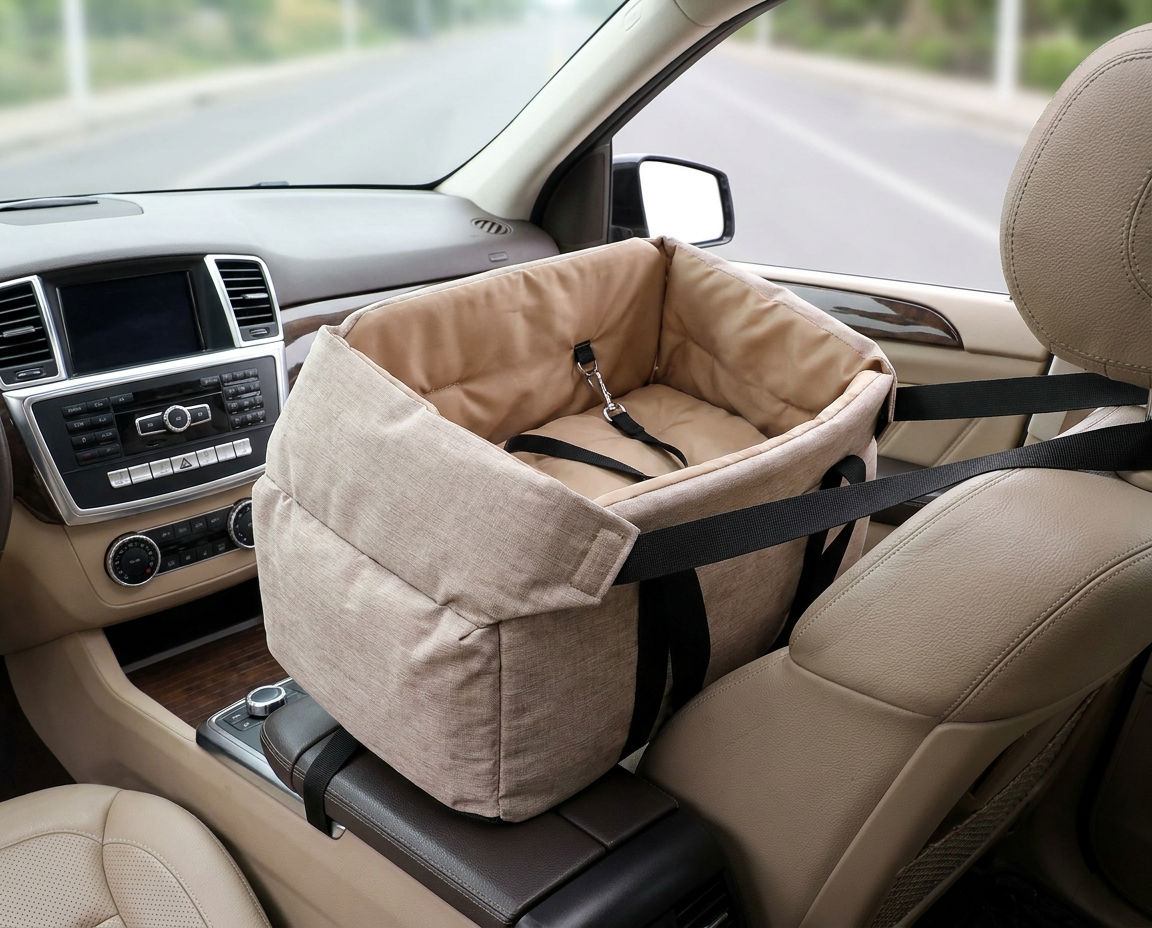 Console dog car seat with the top fully open, showing the depth of the padded interior