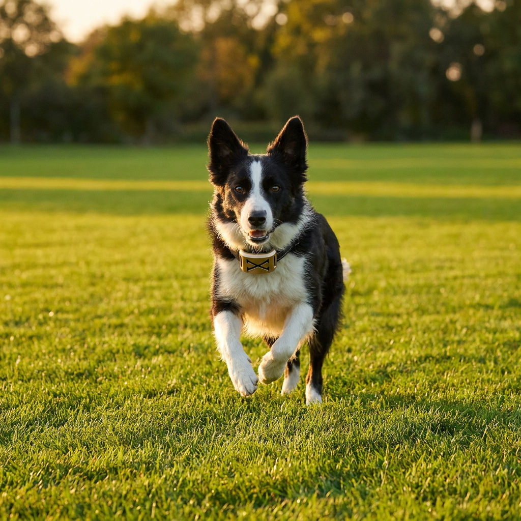 Border Collie in the receiver collar running across an open unfenced lawn