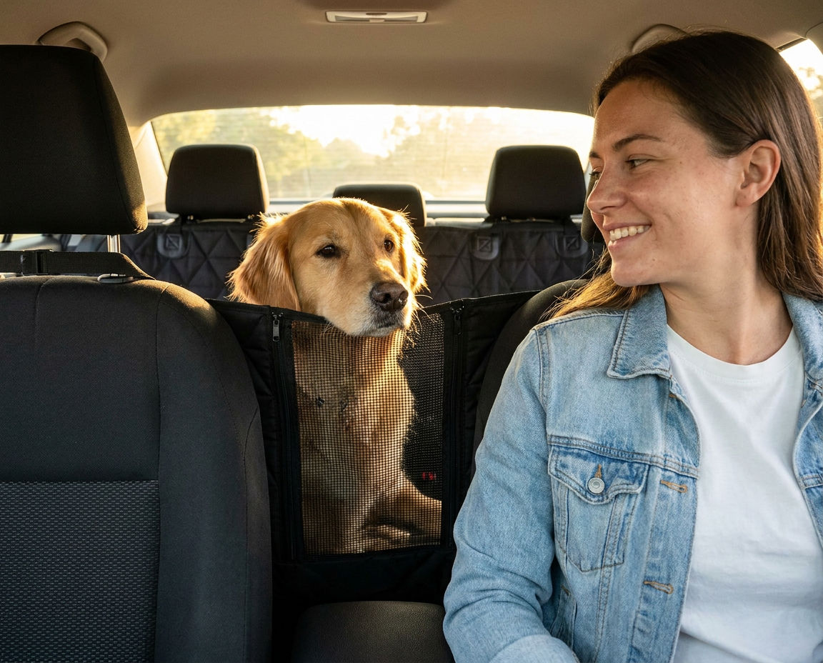 Dog sitting up in the car seat cover hammock with its head through the open mesh window, looking toward the woman in the front passenger seat