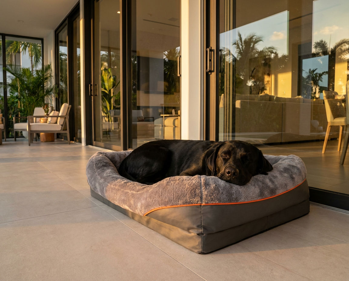 Black Lab settled into the sofa bed with its head against the raised bolster rim, portrait crop
