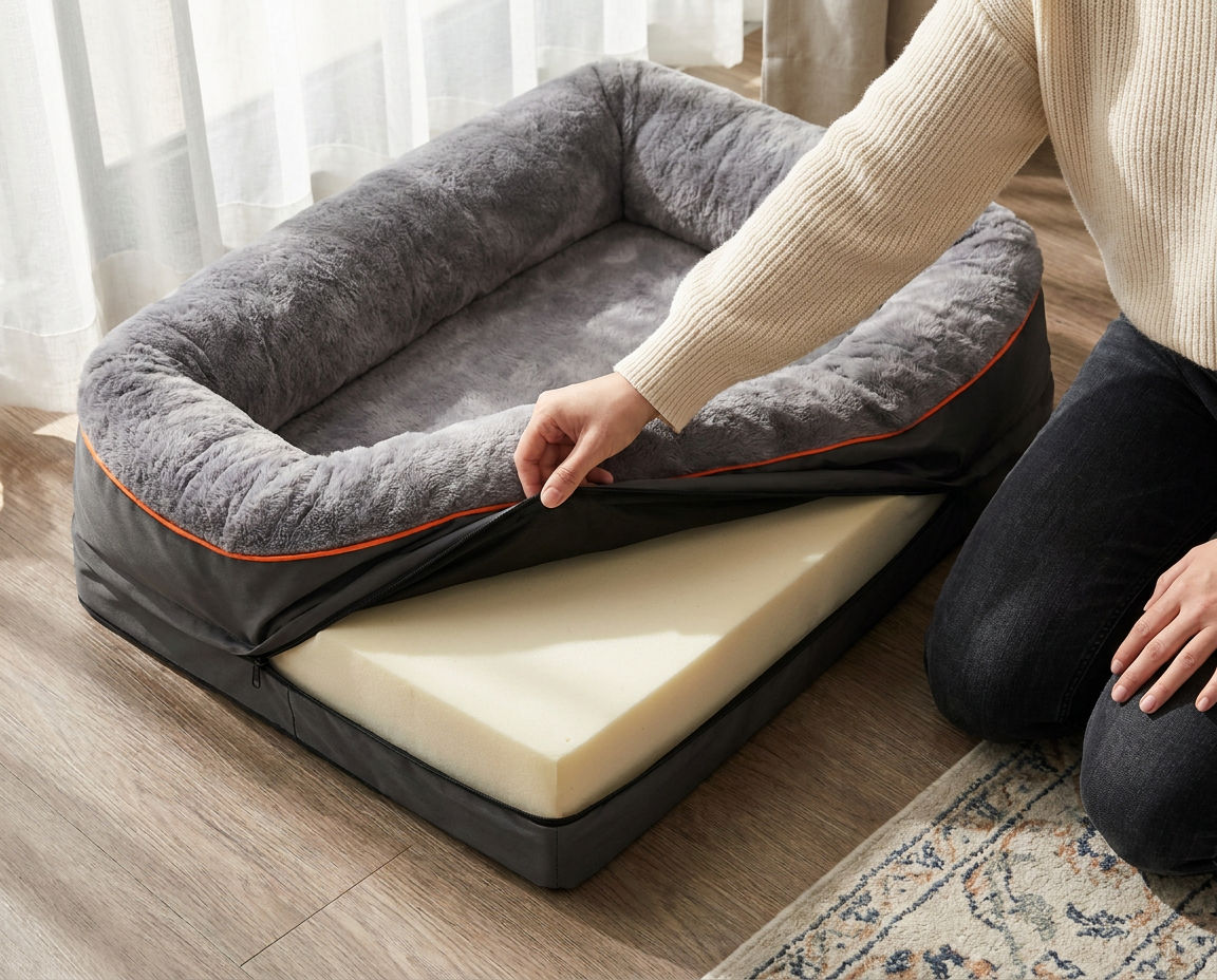 A hand unzipping the hidden zipper and lifting the cover off the dog sofa bed in a Brickell apartment bedroom
