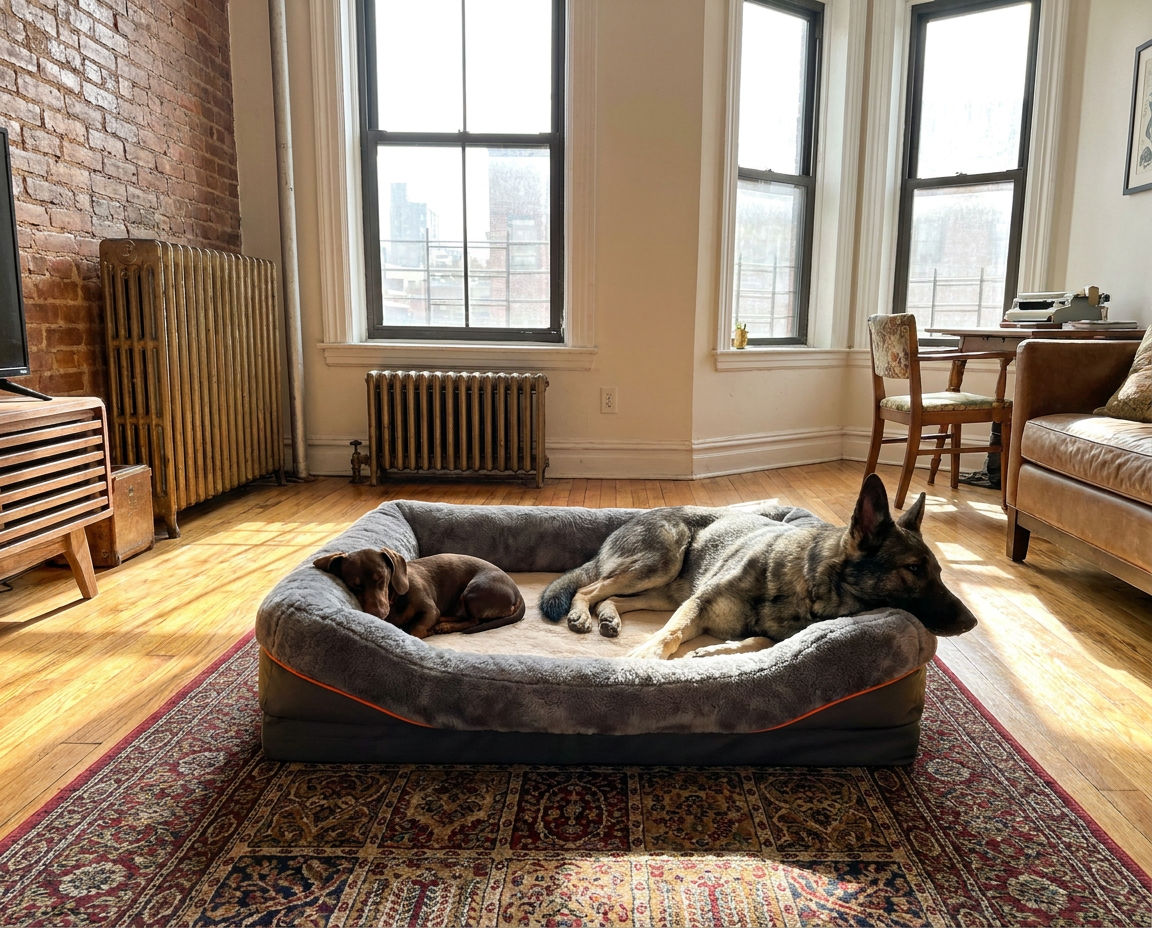 A mini dachshund curled at one end and a German Shepherd stretched out at the other in the same dog sofa bed
