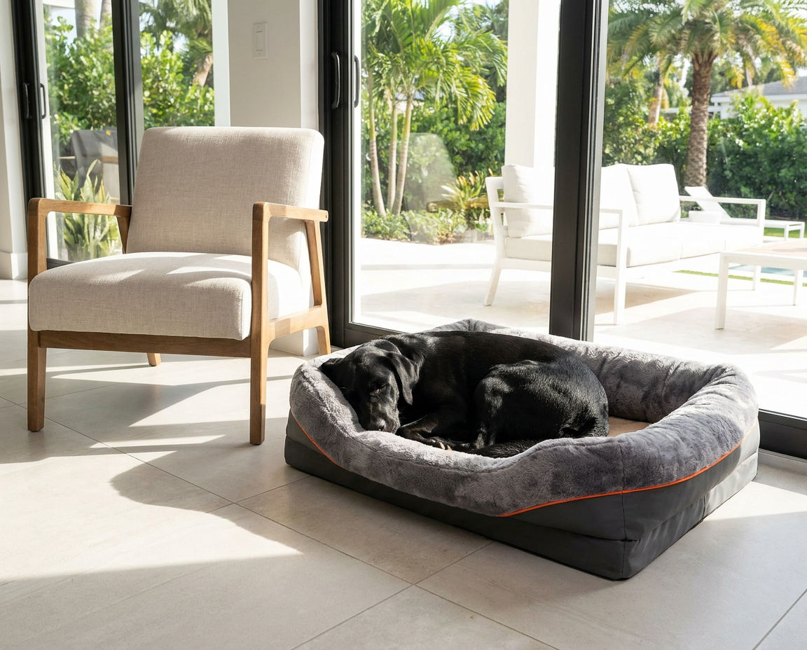 The dog sofa bed beside an armchair in a modern Miami house with a black Lab resting in it