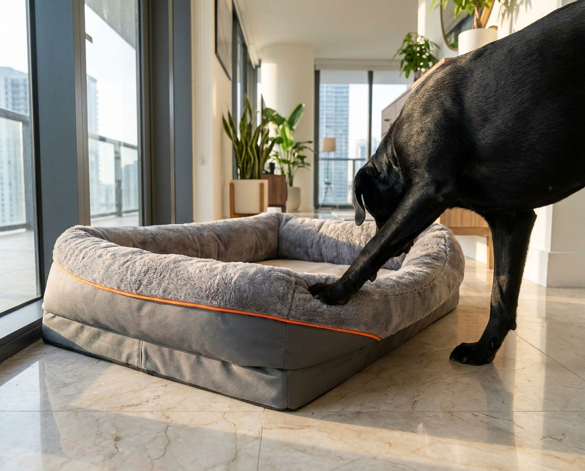 A black Lab stepping onto the dog sofa bed in a Brickell apartment entryway
