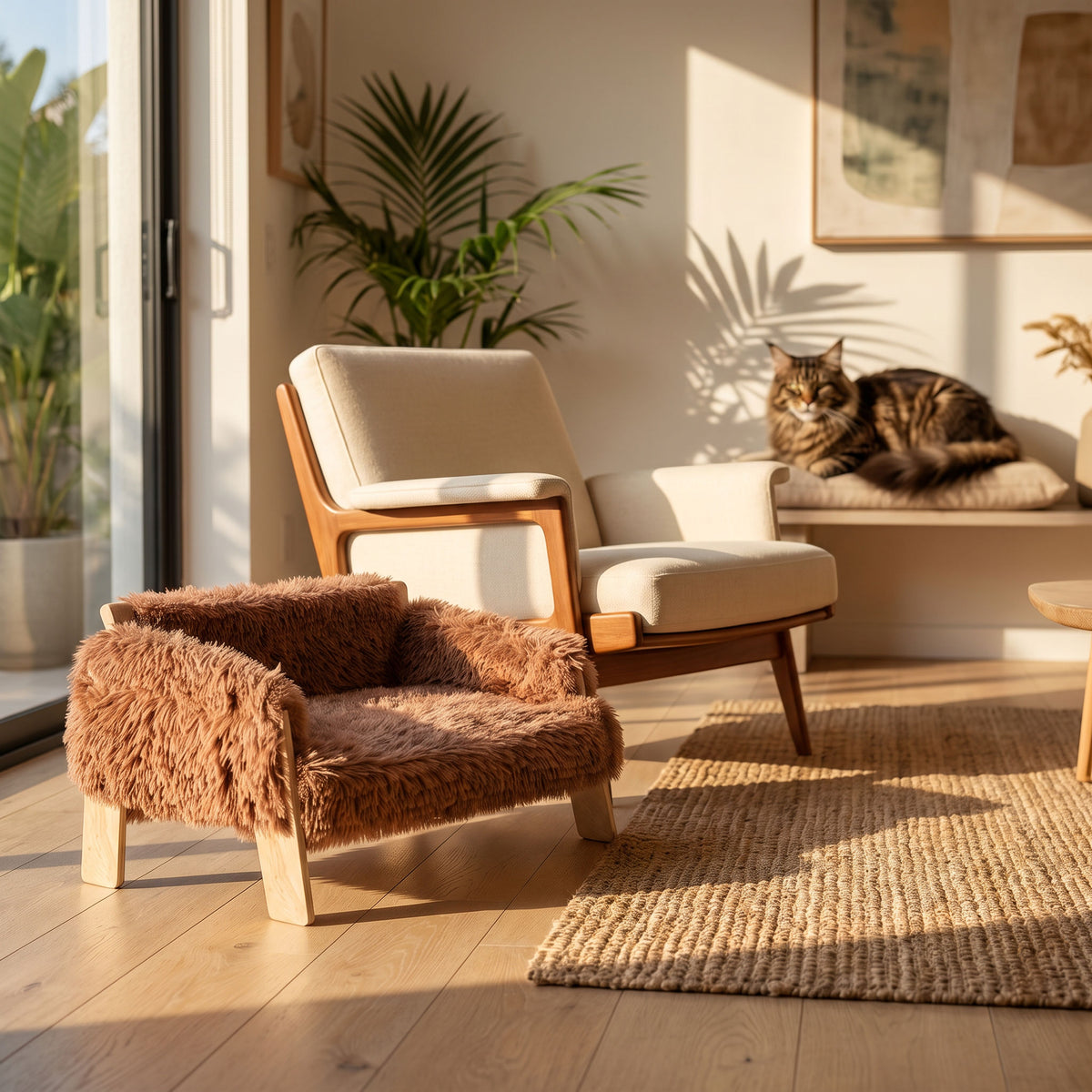 The raised cat sofa staged empty beside an armchair with a cat blurred in the background