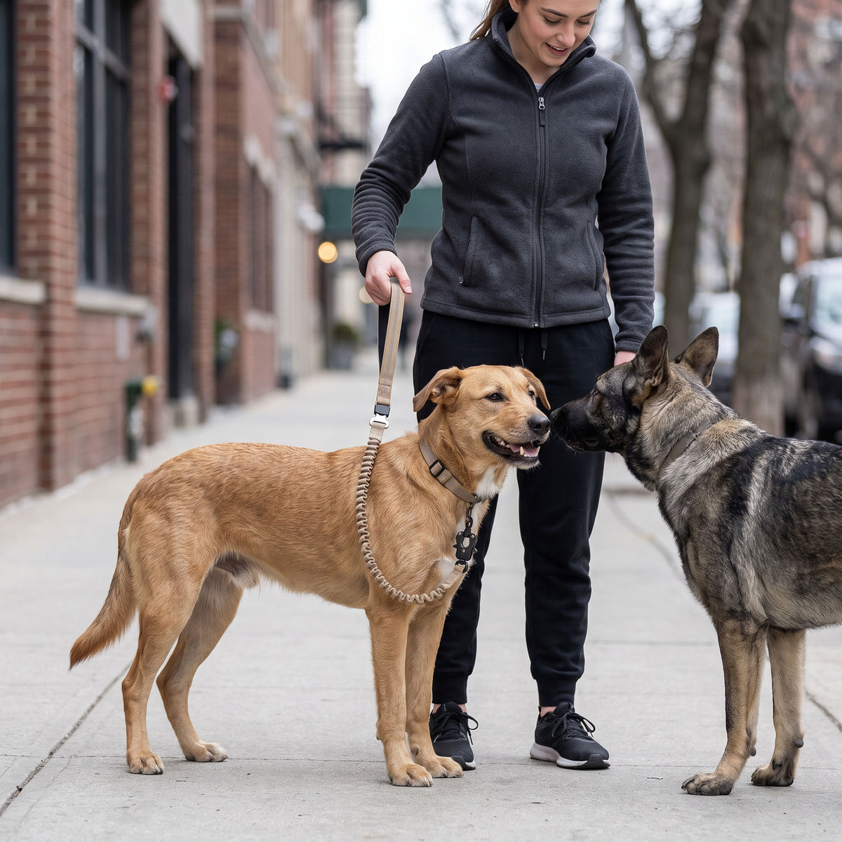 Man walking his harnessed dog along a city sidewalk, the bungee leash relaxed between them
