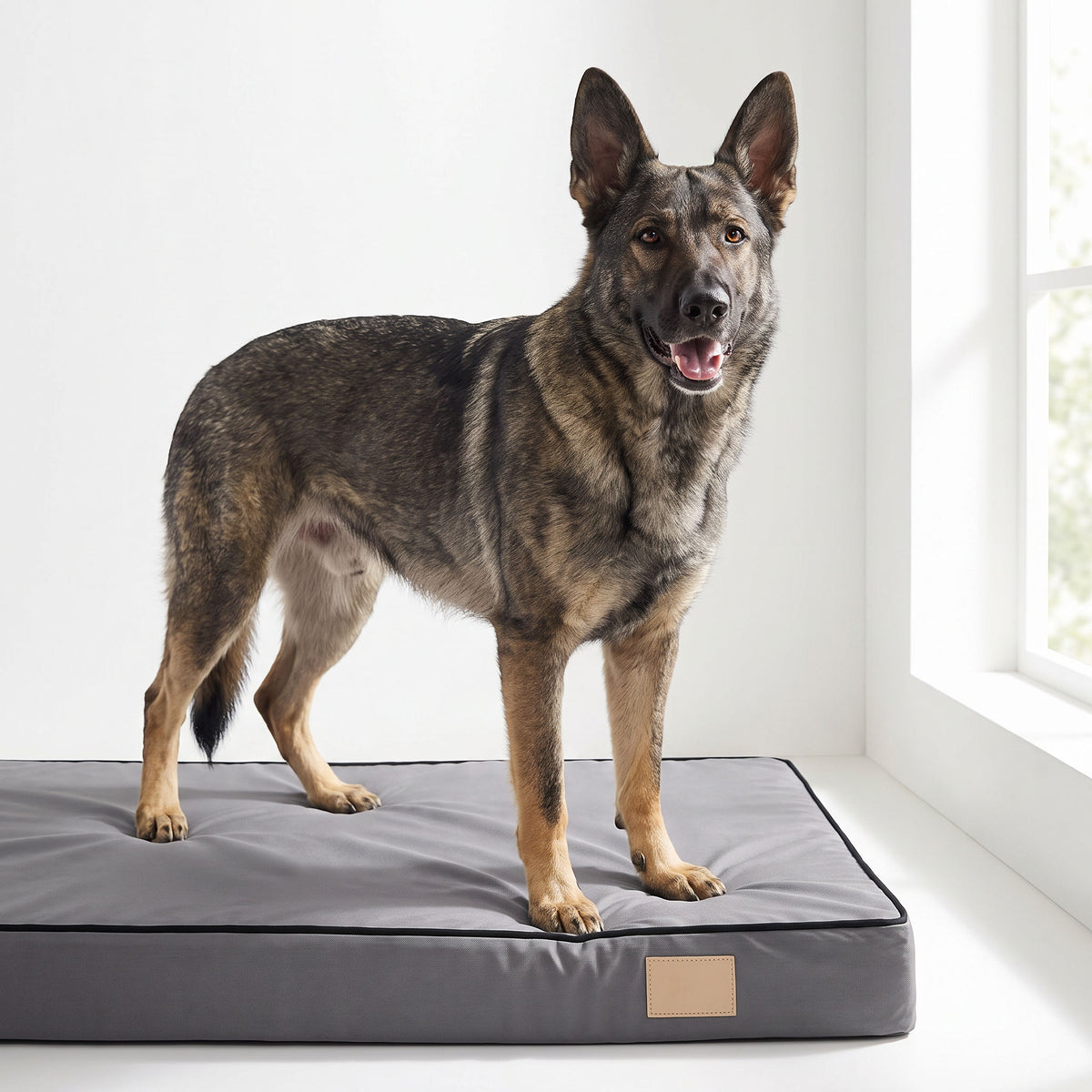 German Shepherd sitting upright on the flat foam dog mattress facing the camera, black piped border visible