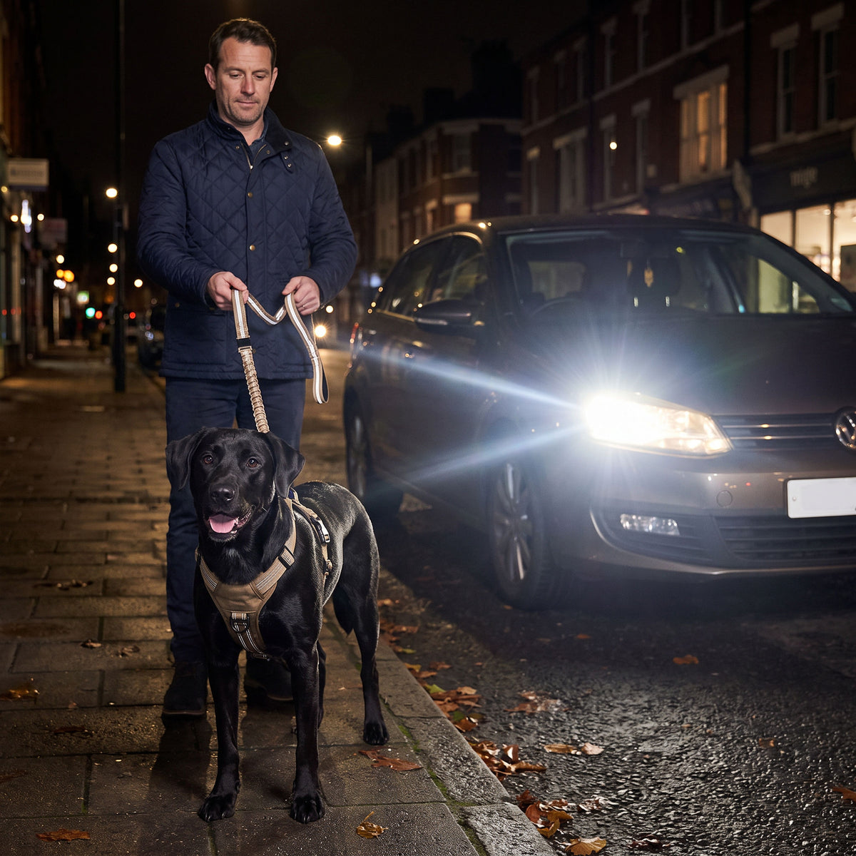 Black Labrador and owner crossing a dark street at night, car headlights lighting up the reflective leash